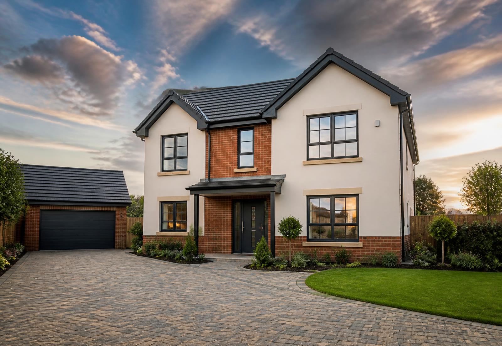 Detached UK home with clean windows, tidy guttering and a block paved driveway