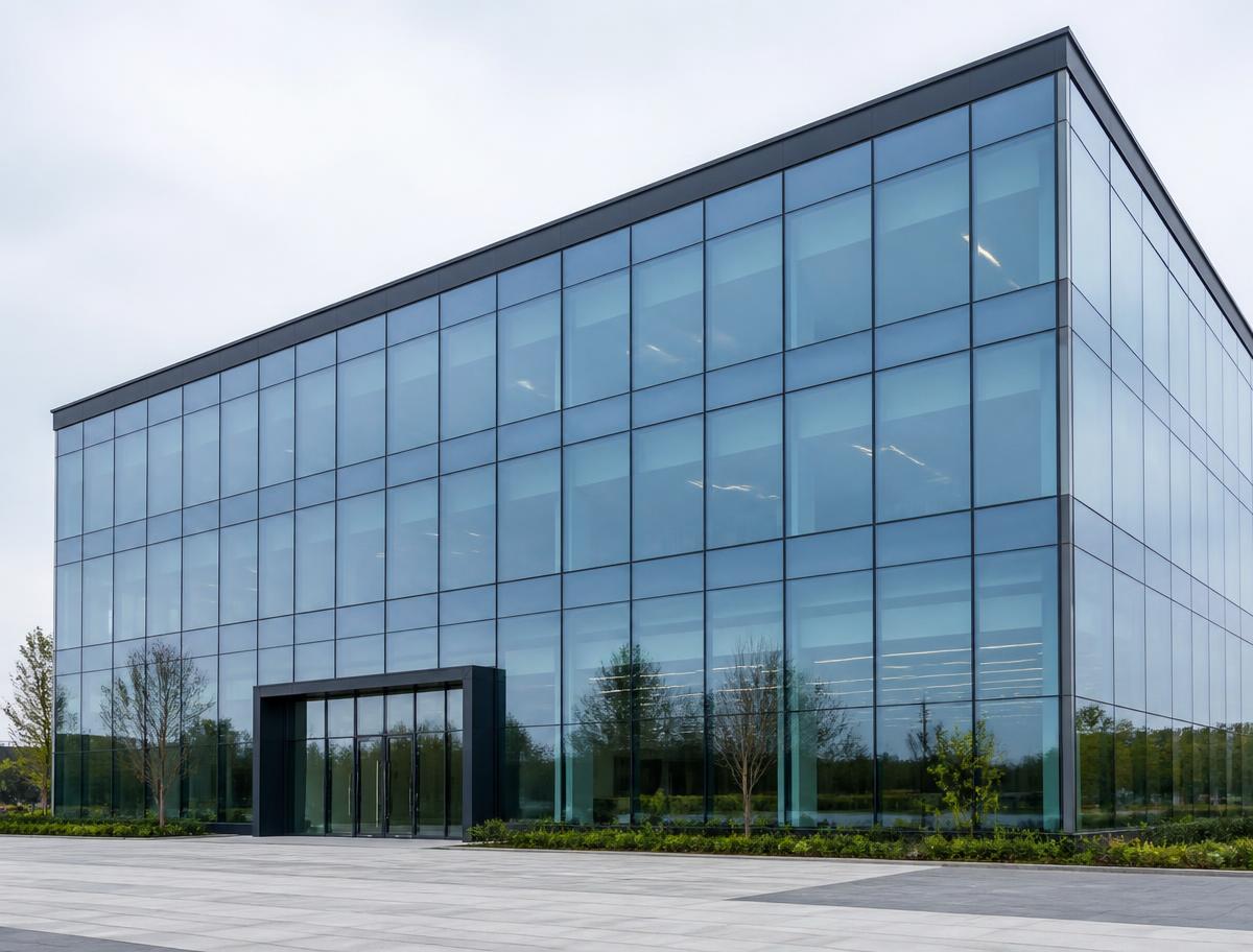 Modern commercial office building with large clean glass frontage