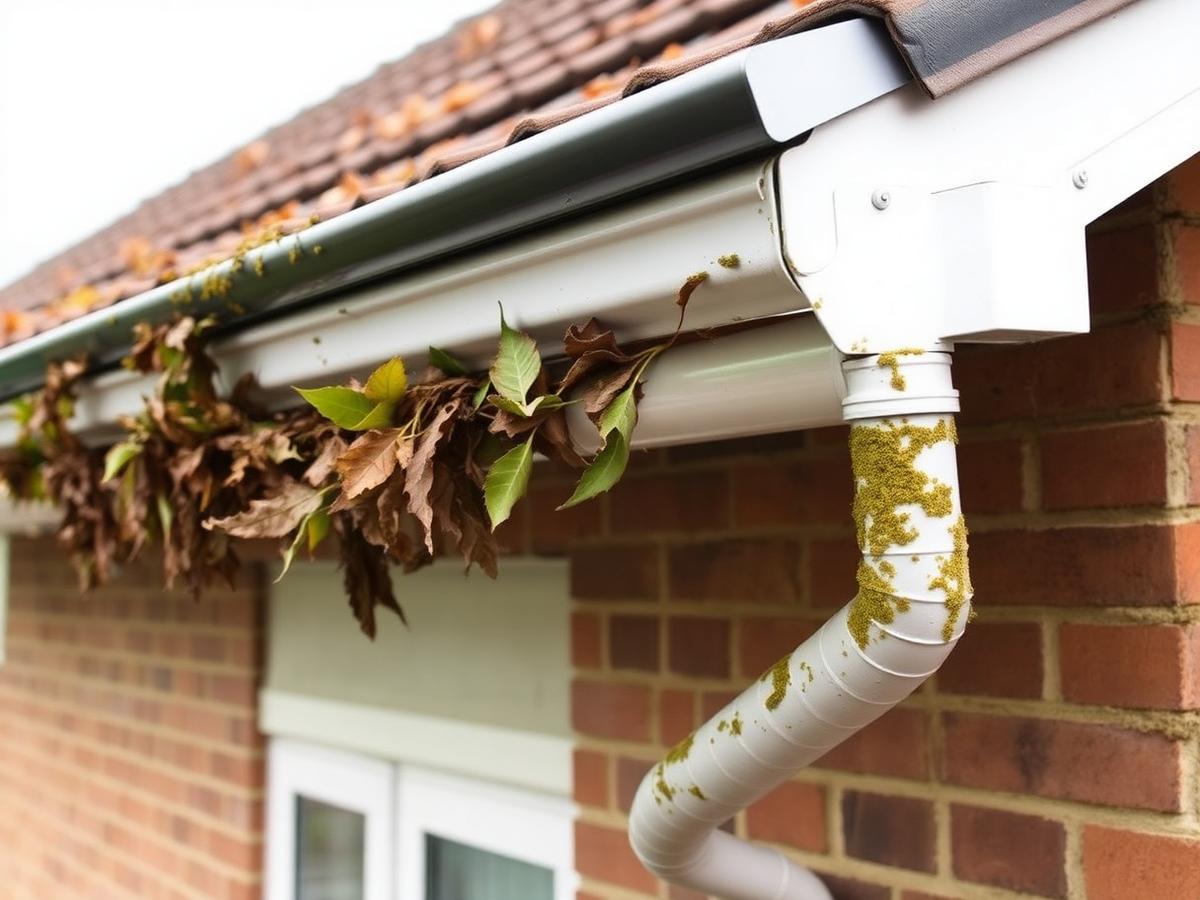 Guttering on a brick house blocked with fallen leaves and moss