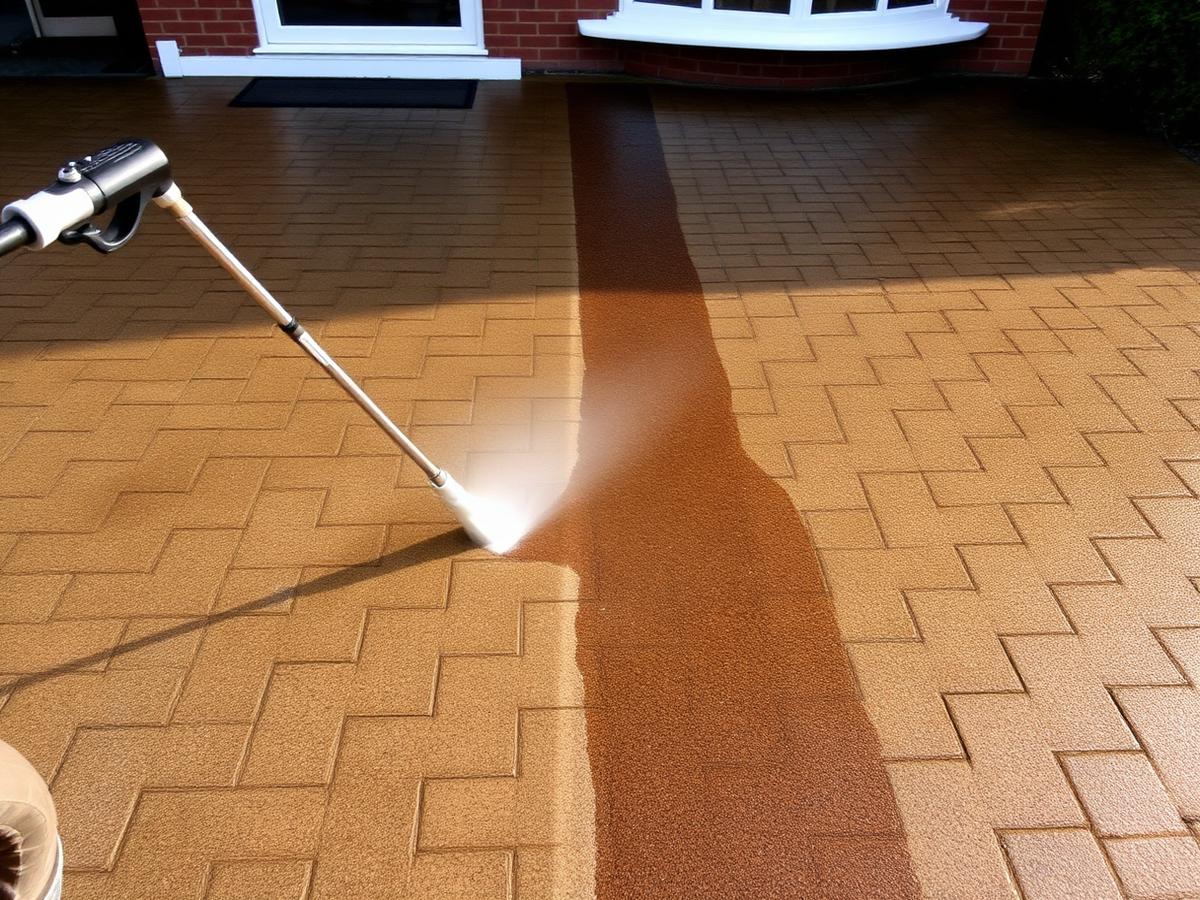 Pressure washer lance cleaning a block paved driveway