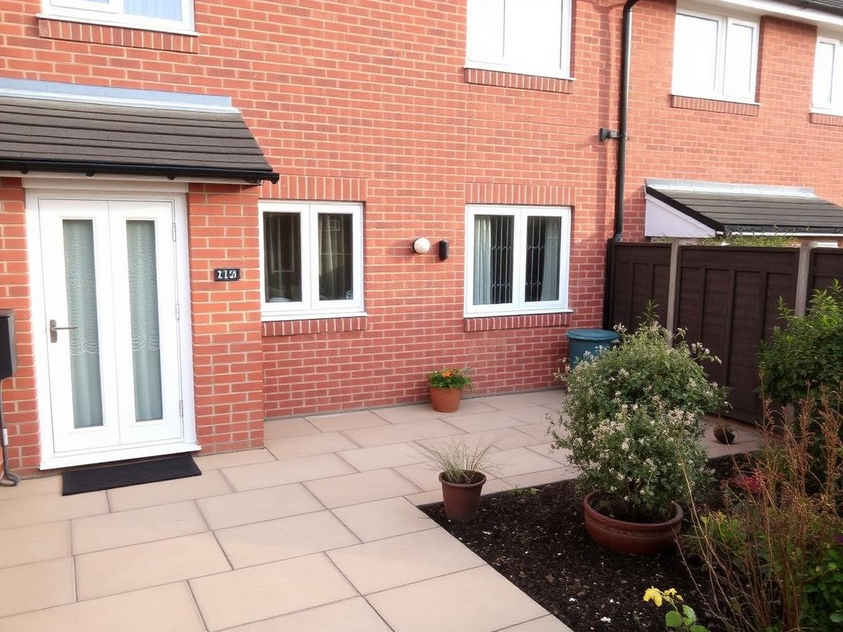Rear of a red brick UK home with clean windows and a tidy paved patio