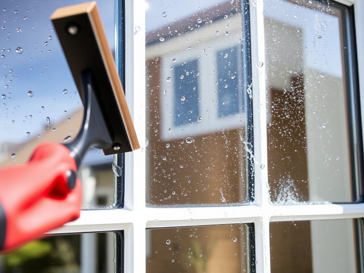 Squeegee clearing water from a clean window pane on a house